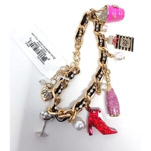Betsey Johnson Charm Bracelet Cocktail Heels Lipstick Pearl Gold Y2K NWT Fun